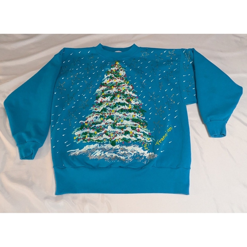 Sunbelt Sportswear Sweatshirt Womens OS Turquoise Good Vintage Christmas Tree
